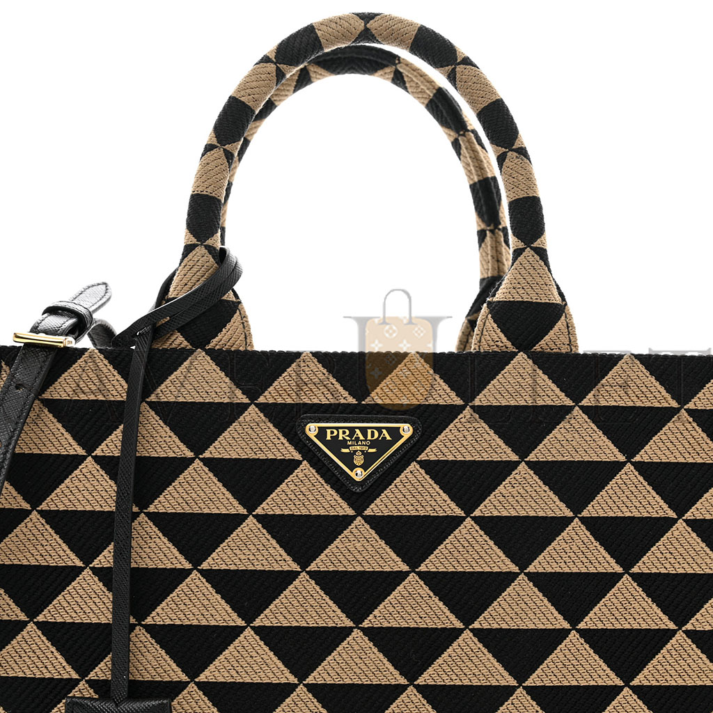 PRADA JACQUARD SAFFIANO TRIANGOLO SYMBOLE EMBROIDERED SMALL TOTE BLACK CORDA (29*22*9cm)