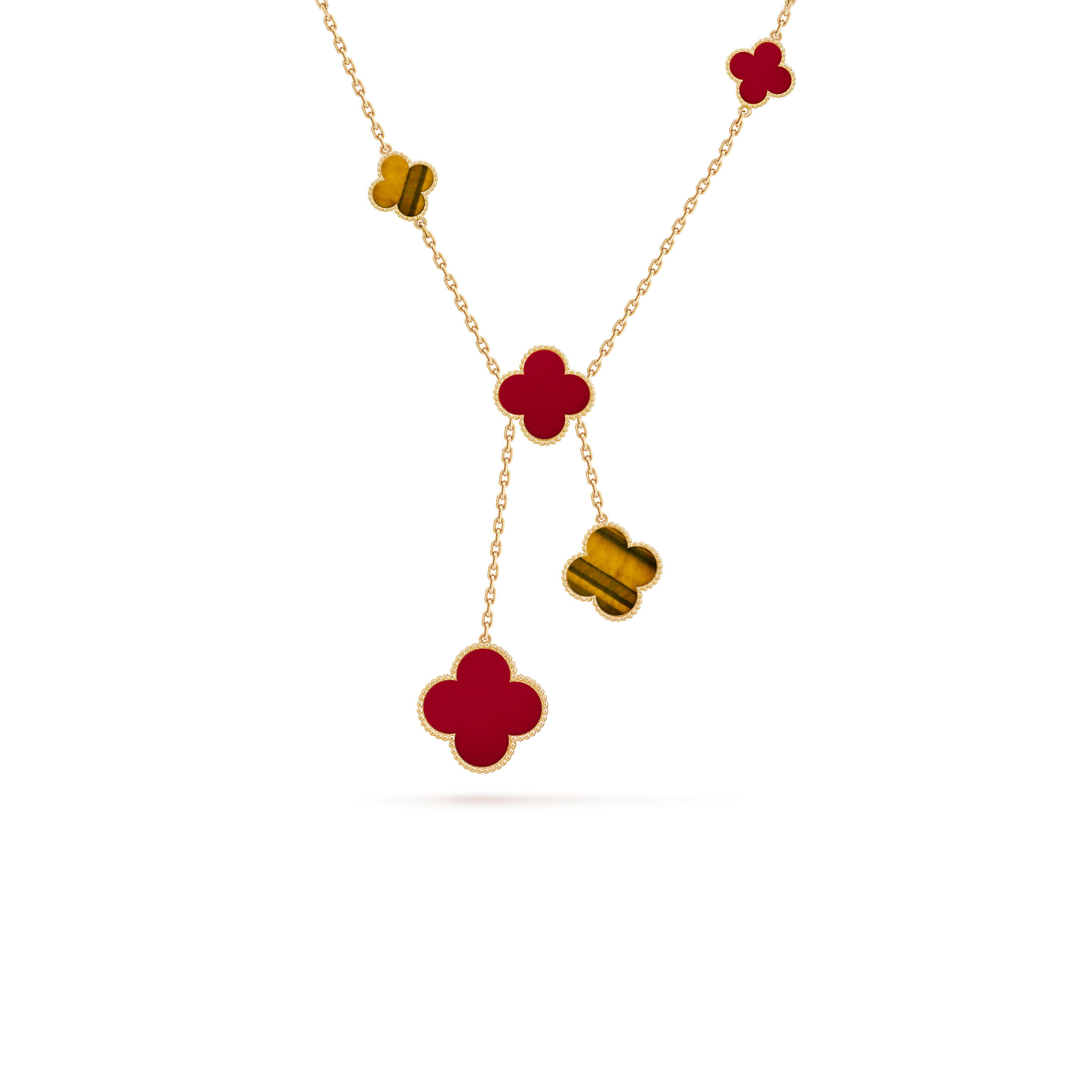 VAN CLEEF ARPELS MAGIC ALHAMBRA NECKLACE, 6 MOTIFS - YELLOW GOLD, CARNELIAN, TIGER EYE VCARN5JP00