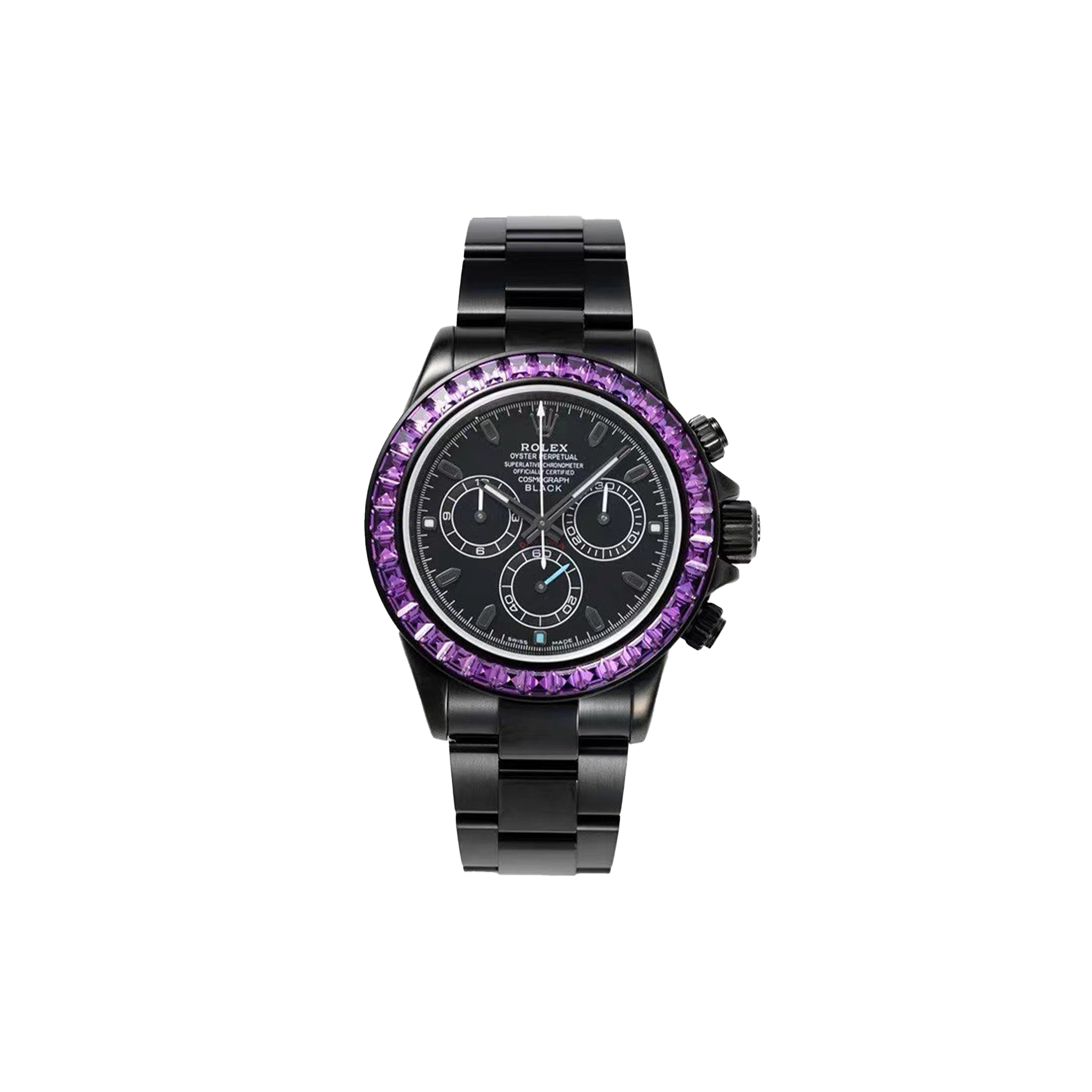 ROLEX DAYTONA ALL BLACK EDITION PURPLE DIAMONDS BEZEL BLACK DIAL WATCH N4130