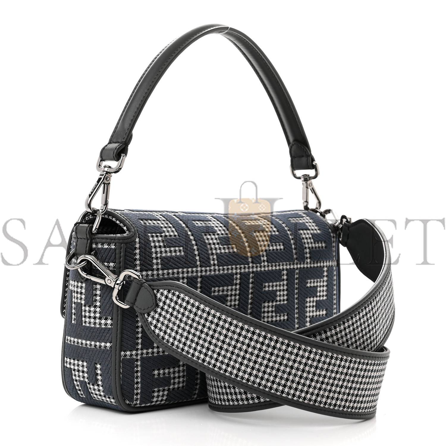 FENDI WOOL VITELLO KING HOUNDSTOOTH FF EMBROIDERED BAGUETTE GRIGIO ANTHRACITE (27*17*6cm) FENDI WOOL VITELLO KING HOUNDSTOOTH FF EMBROIDERED BAGUETTE GRIGIO ANTHRACITE (27*17*6cm)