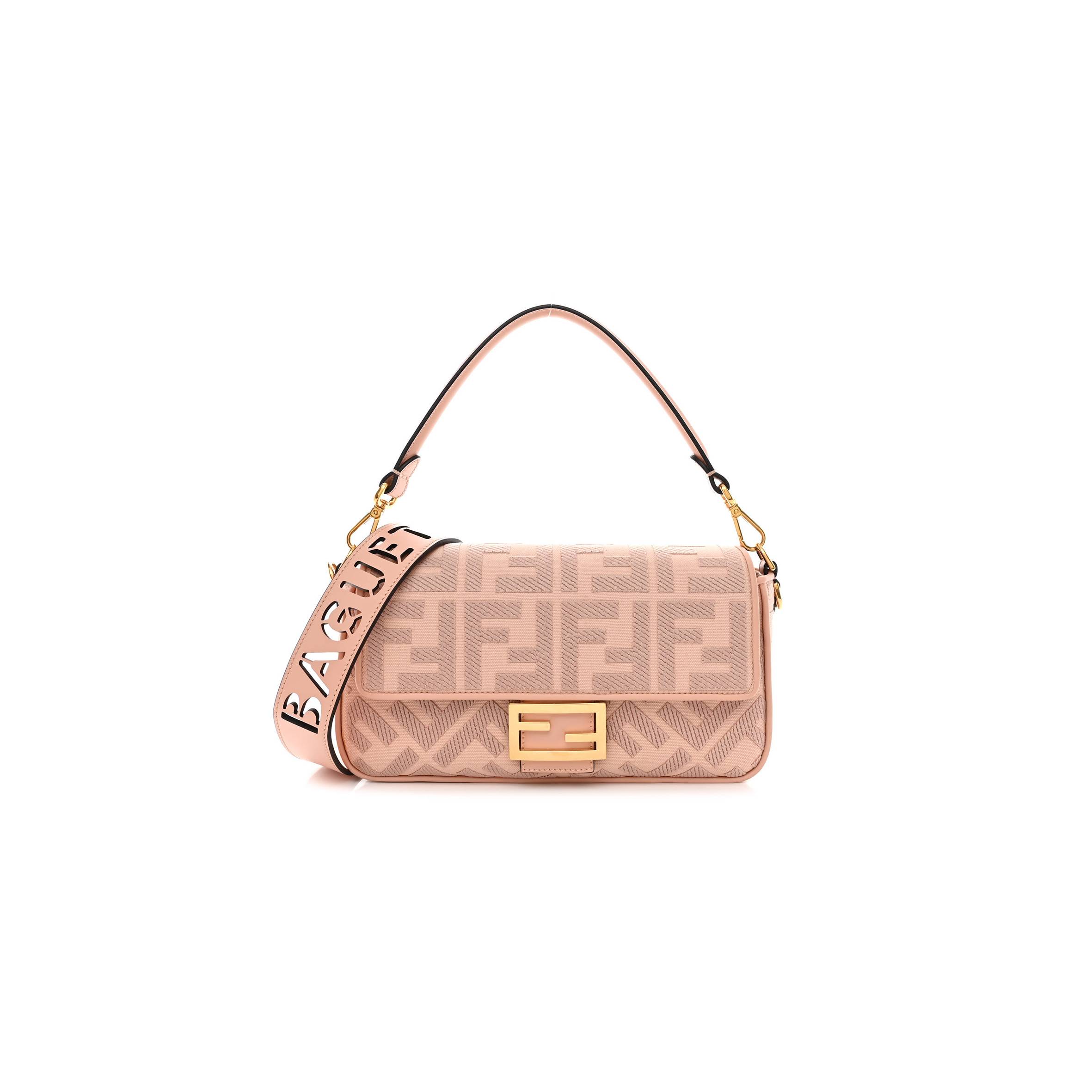 FENDI CANVAS VITELLO KING EXTRA STRAP FF EMBROIDERED BAGUETTE BABY PINK (27*15*6cm) FENDI CANVAS VITELLO KING EXTRA STRAP FF EMBROIDERED BAGUETTE BABY PINK (27*15*6cm)