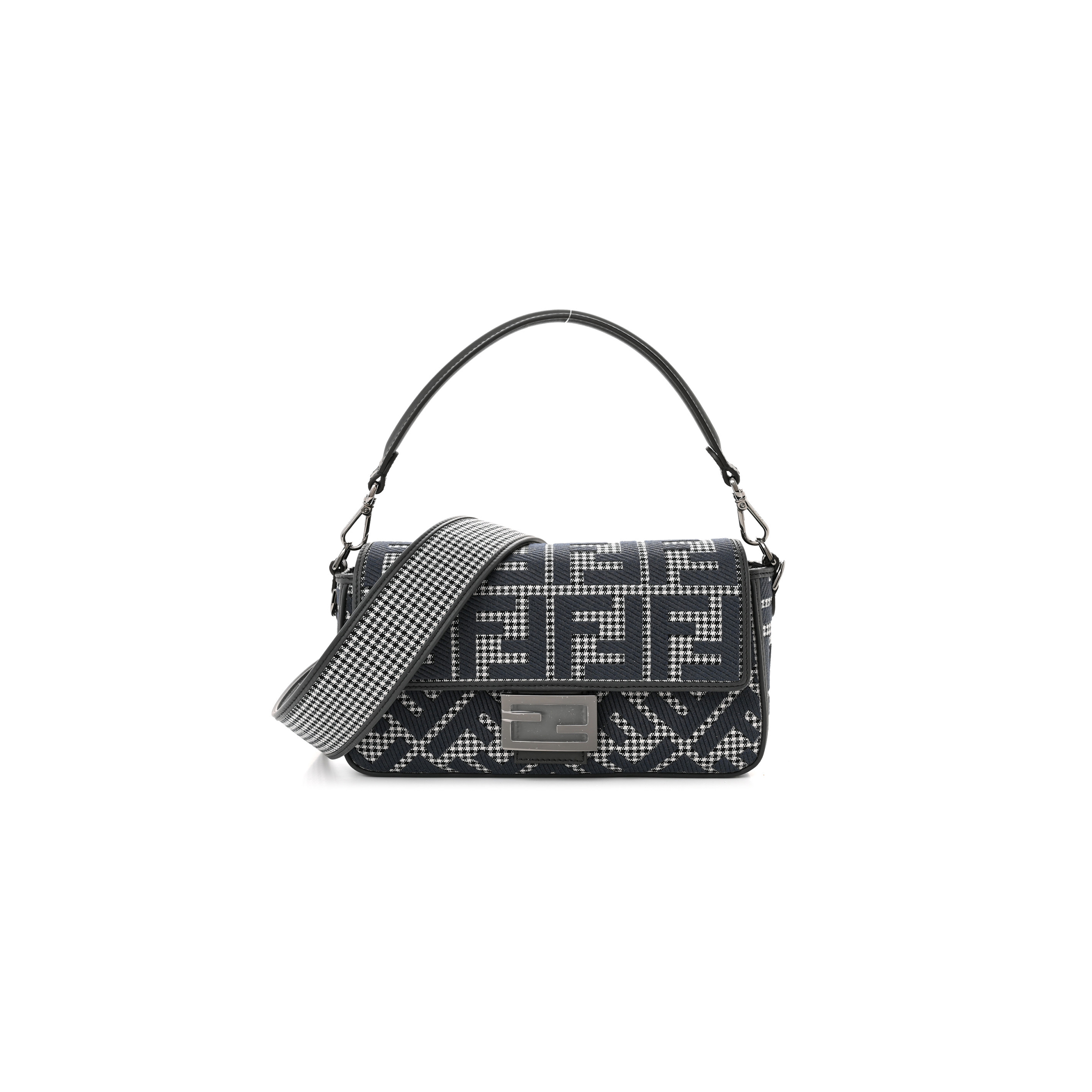 FENDI WOOL VITELLO KING HOUNDSTOOTH FF EMBROIDERED BAGUETTE GRIGIO ANTHRACITE (27*17*6cm) FENDI WOOL VITELLO KING HOUNDSTOOTH FF EMBROIDERED BAGUETTE GRIGIO ANTHRACITE (27*17*6cm)