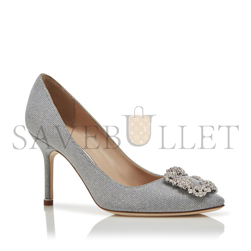 MANOLO BLAHNIK HANGISI GLITTER 90 SILVER GLITTER FABRIC JEWEL BUCKLE PUMPS 9XX-0599-0016 MANOLO BLAHNIK HANGISI GLITTER 90 SILVER GLITTER FABRIC JEWEL BUCKLE PUMPS 9XX-0599-0016