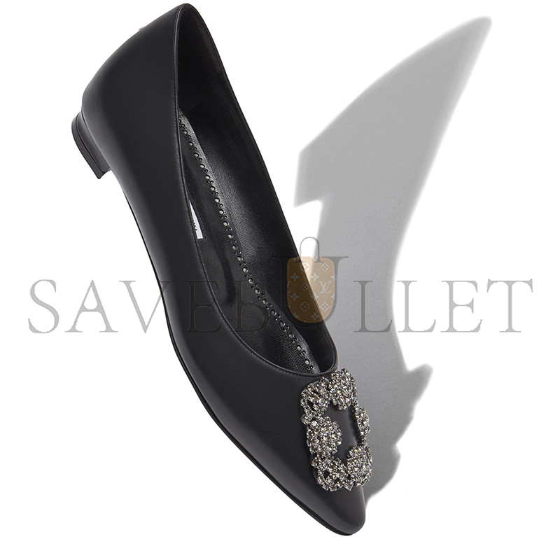 MANOLO BLAHNIK HANGISIFLAT BLACK CALF LEATHER JEWEL BUCKLE FLAT PUMPS 121-1657-0001 MANOLO BLAHNIK HANGISIFLAT BLACK CALF LEATHER JEWEL BUCKLE FLAT PUMPS 121-1657-0001