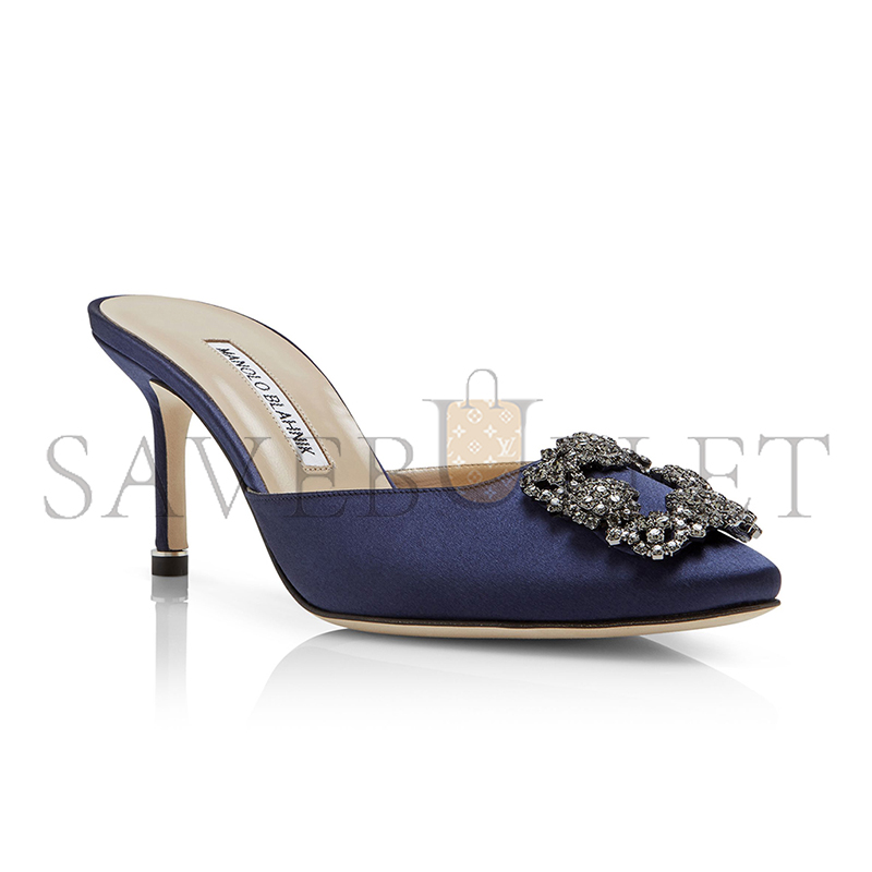 MANOLO BLAHNIK HANGISIMU NAVY BLUE SATIN JEWEL BUCKLE MULES 9XX-0726-0045 MANOLO BLAHNIK HANGISIMU NAVY BLUE SATIN JEWEL BUCKLE MULES 9XX-0726-0045
