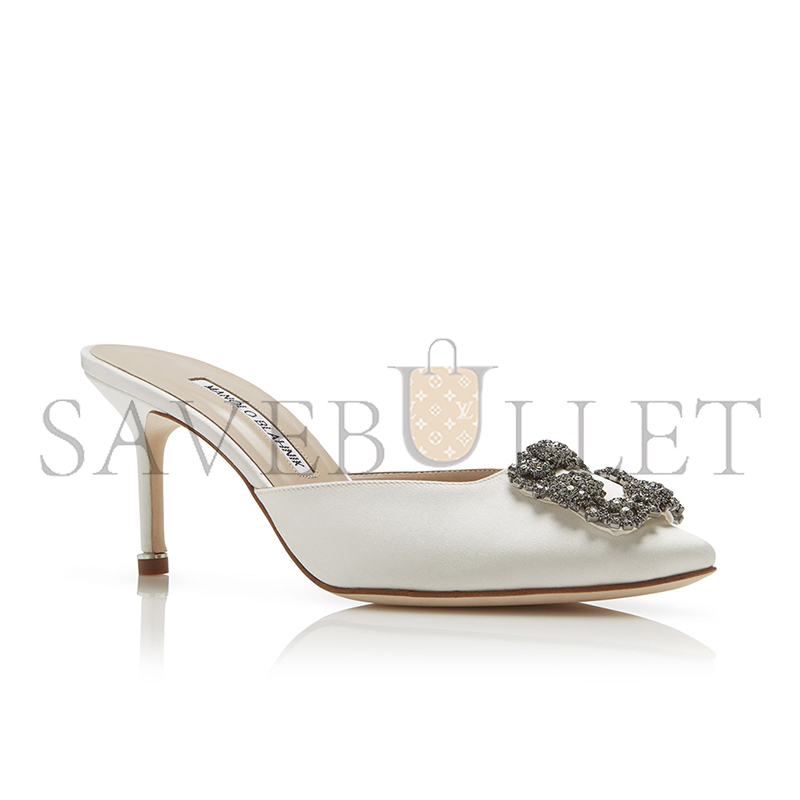 MANOLO BLAHNIK HANGISIMU OFF-WHITE SATIN JEWEL BUCKLE MULES 9XX-0726-0036 MANOLO BLAHNIK HANGISIMU OFF-WHITE SATIN JEWEL BUCKLE MULES 9XX-0726-0036