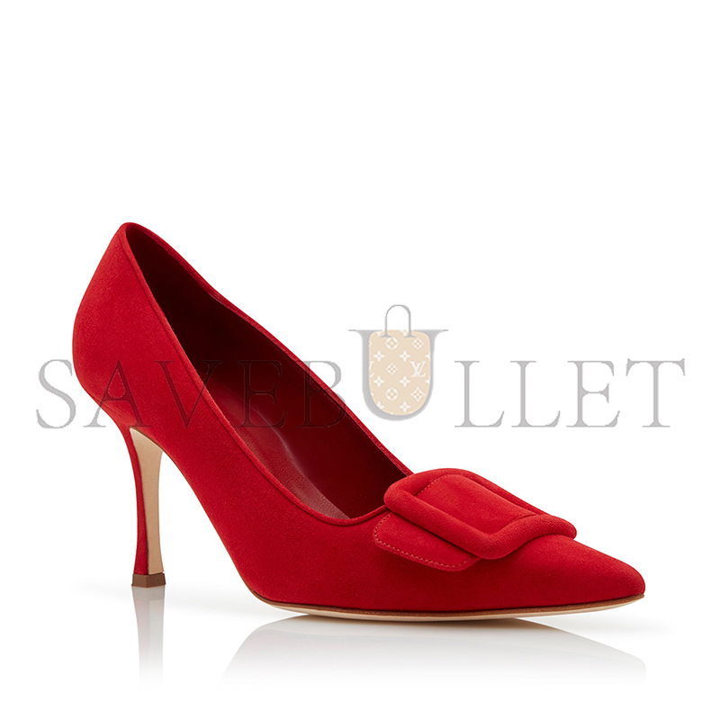 MANOLO BLAHNIK MAYSALEPUMP 90 BRIGHT RED SUEDE BUCKLE DETAIL PUMPS 219-0174-0002 MANOLO BLAHNIK MAYSALEPUMP 90 BRIGHT RED SUEDE BUCKLE DETAIL PUMPS 219-0174-0002