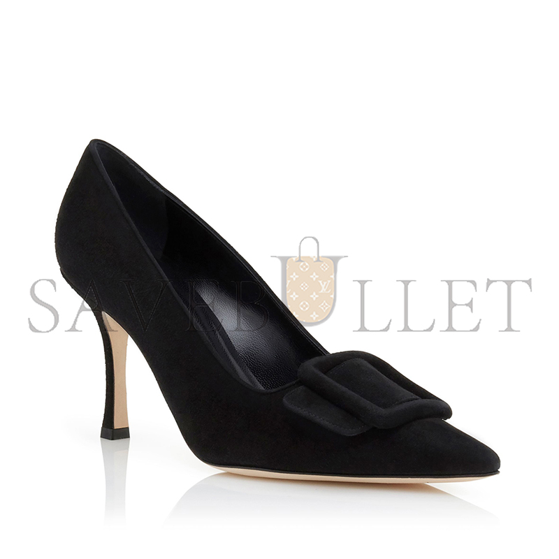 MANOLO BLAHNIK MAYSALEPUMP 90 JET BLACK SUEDE BUCKLE DETAIL PUMPS 219-0174-0005 MANOLO BLAHNIK MAYSALEPUMP 90 JET BLACK SUEDE BUCKLE DETAIL PUMPS 219-0174-0005