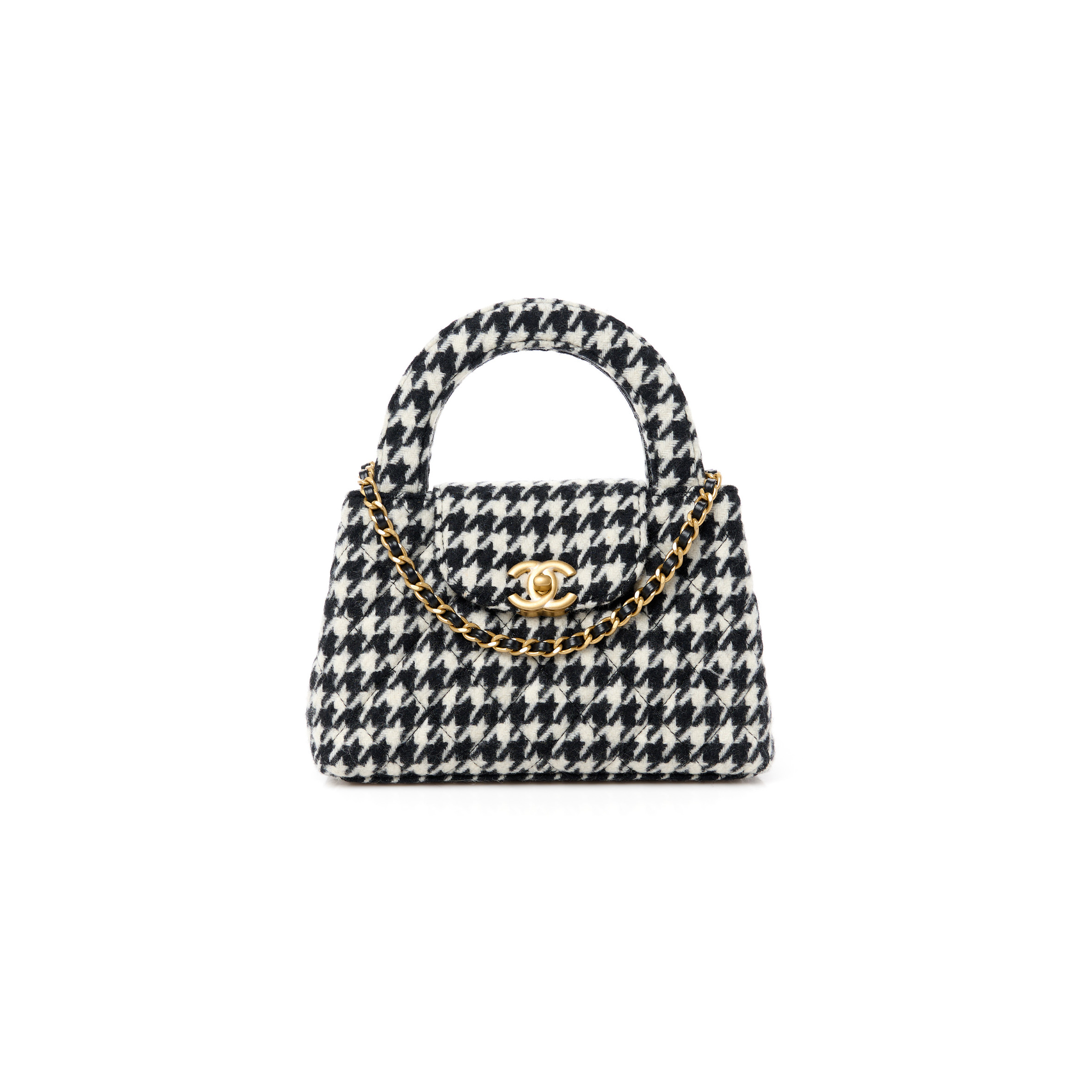 CHANEL TWEED HOUNDSTOOTH QUILTED NANO KELLY SHOPPER BLACK WHITE 1523860 (20*13*6cm)