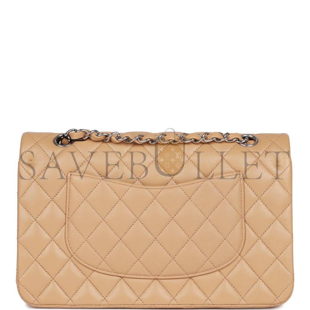 CHANEL MEDIUM CLASSIC DOUBLE FLAP BAG BEIGE LAMBSKIN SILVER HARDWARE (25*15*7cm)