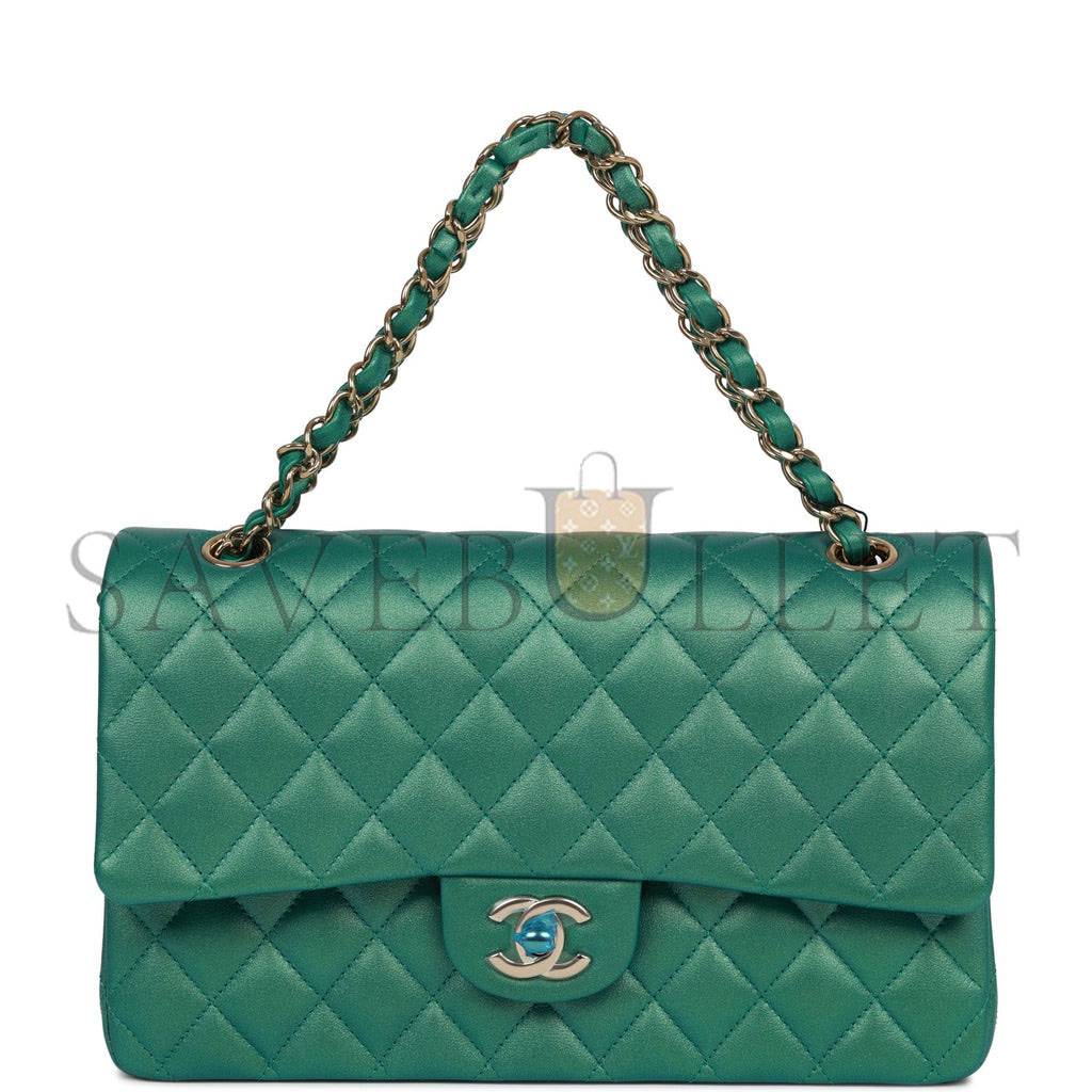 CHANEL MEDIUM CLASSIC DOUBLE FLAP BAG GREEN IRIDESCENT LAMBSKIN LIGHT GOLD HARDWARE (25*15*7cm)