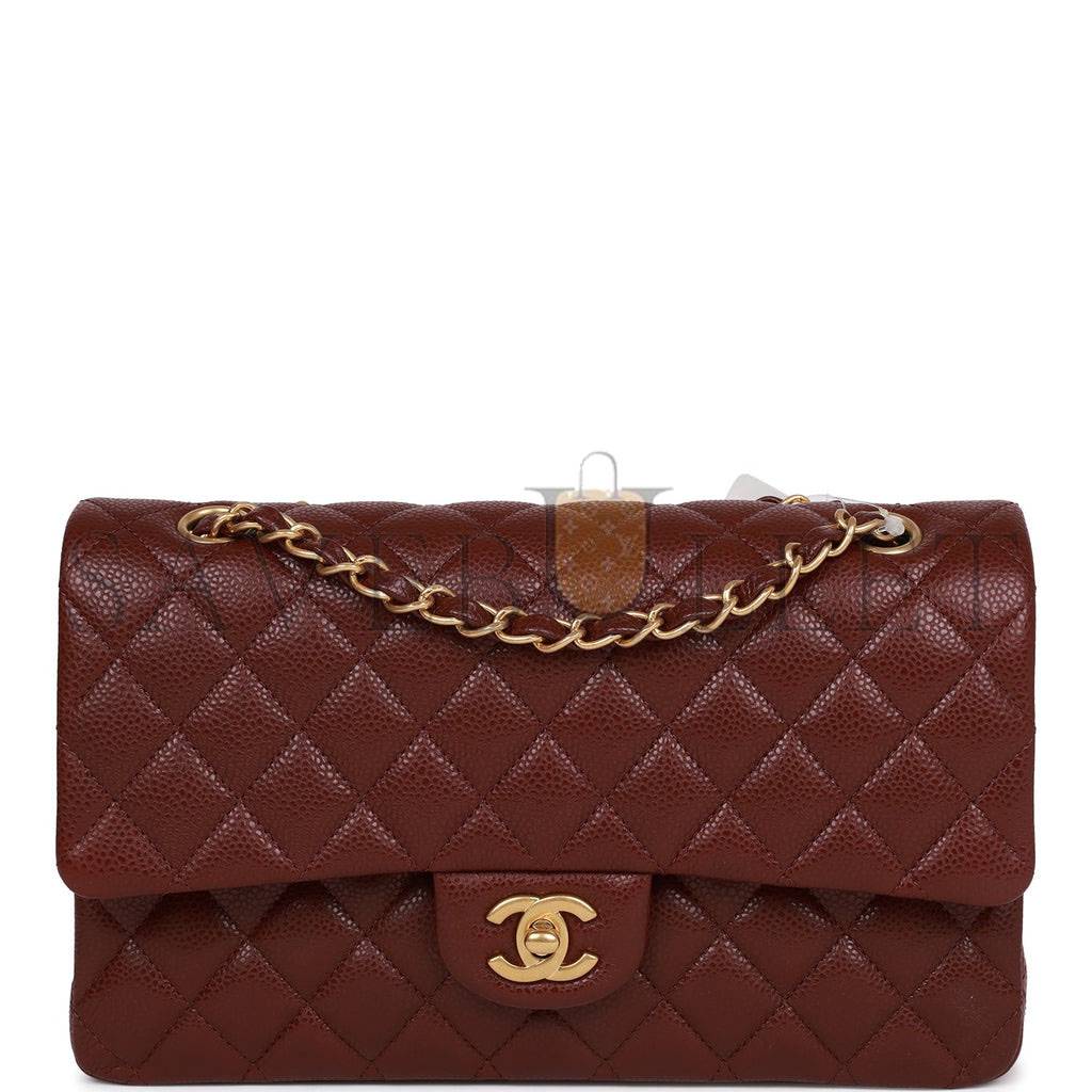 CHANEL MEDIUM CLASSIC DOUBLE FLAP BAG BURGUNDY CAVIAR ANTIQUE GOLD HARDWARE (25*15*7cm)