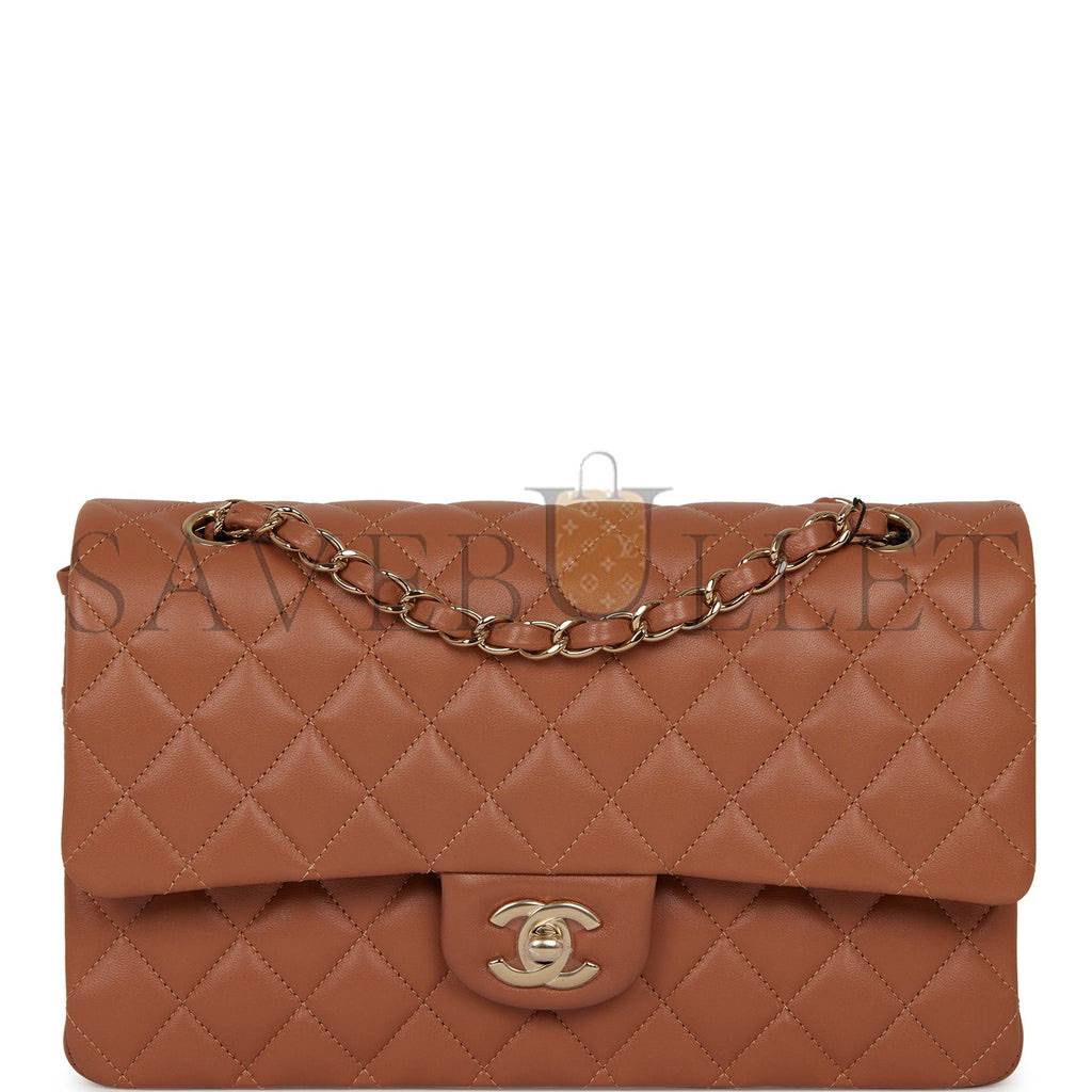 CHANEL MEDIUM CLASSIC DOUBLE FLAP BAG CARAMEL LAMBSKIN LIGHT GOLD HARDWARE (25*15*7cm)