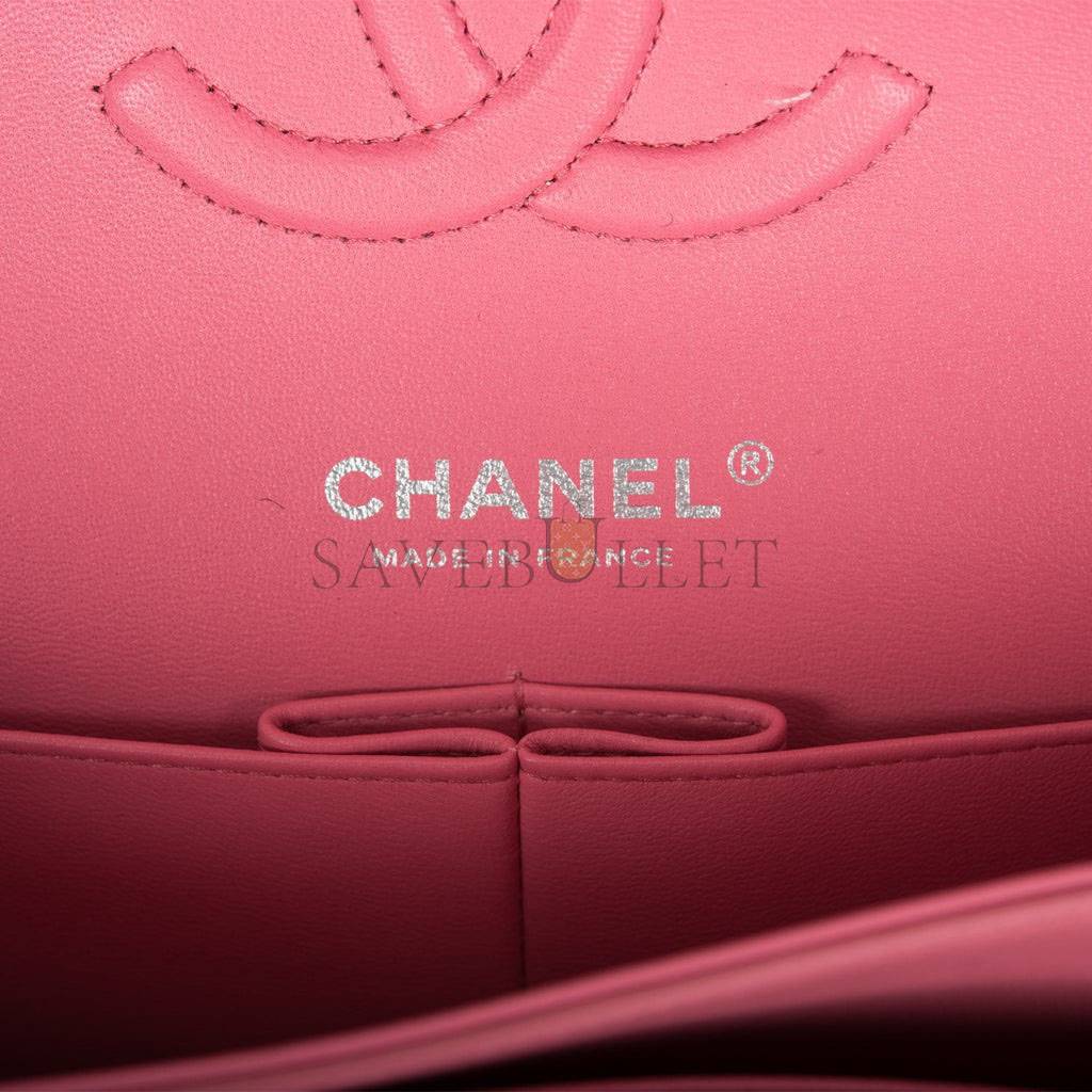 CHANEL MEDIUM CLASSIC DOUBLE FLAP BAG ROSE QUILTED LAMBSKIN SILVER HARDWARE (25*15*7cm)