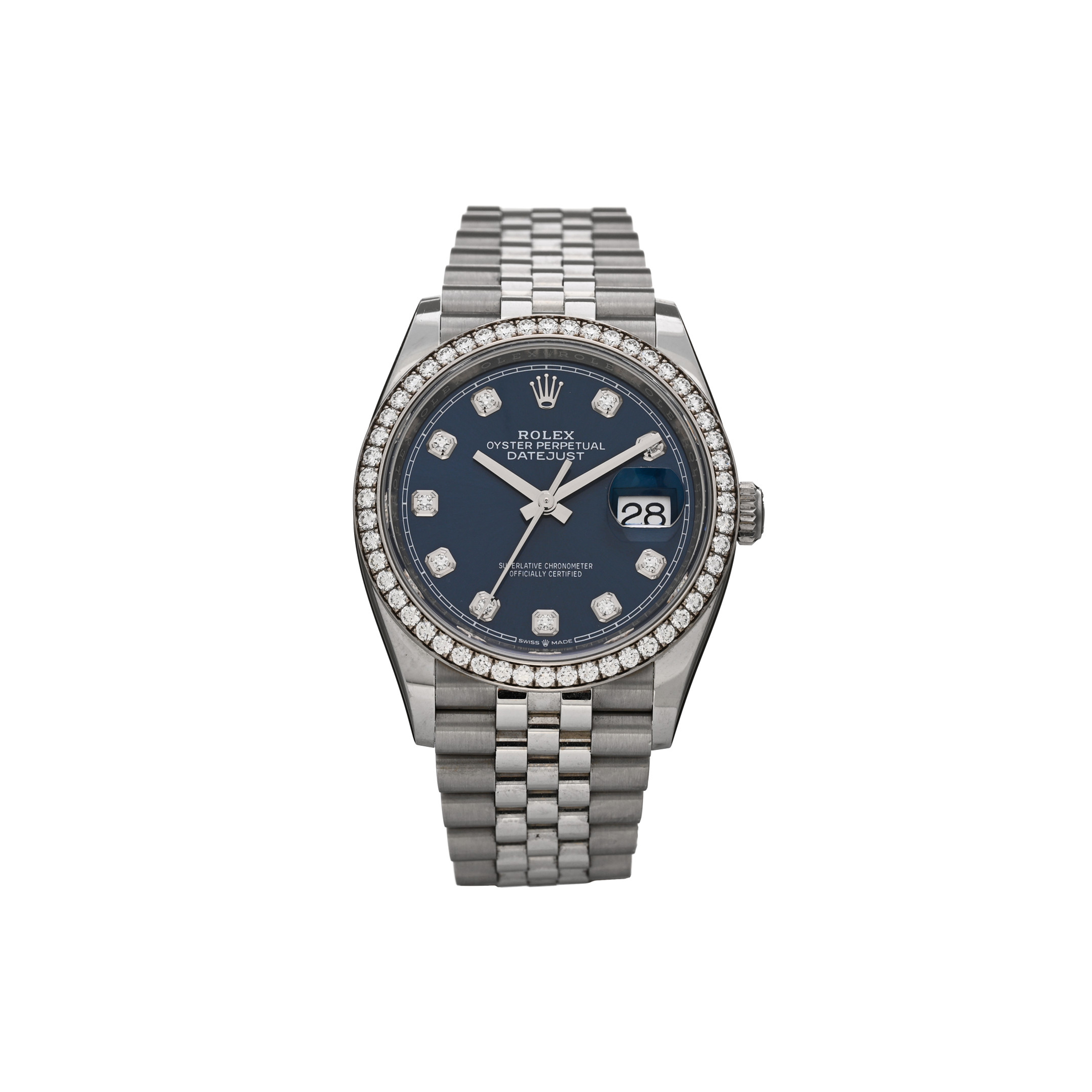 ROLEX STAINLESS STEEL 18K WHITE GOLD DIAMOND BEZEL 36MM OYSTER PERPETUAL DATEJUST WATCH BLUE 126284RBR