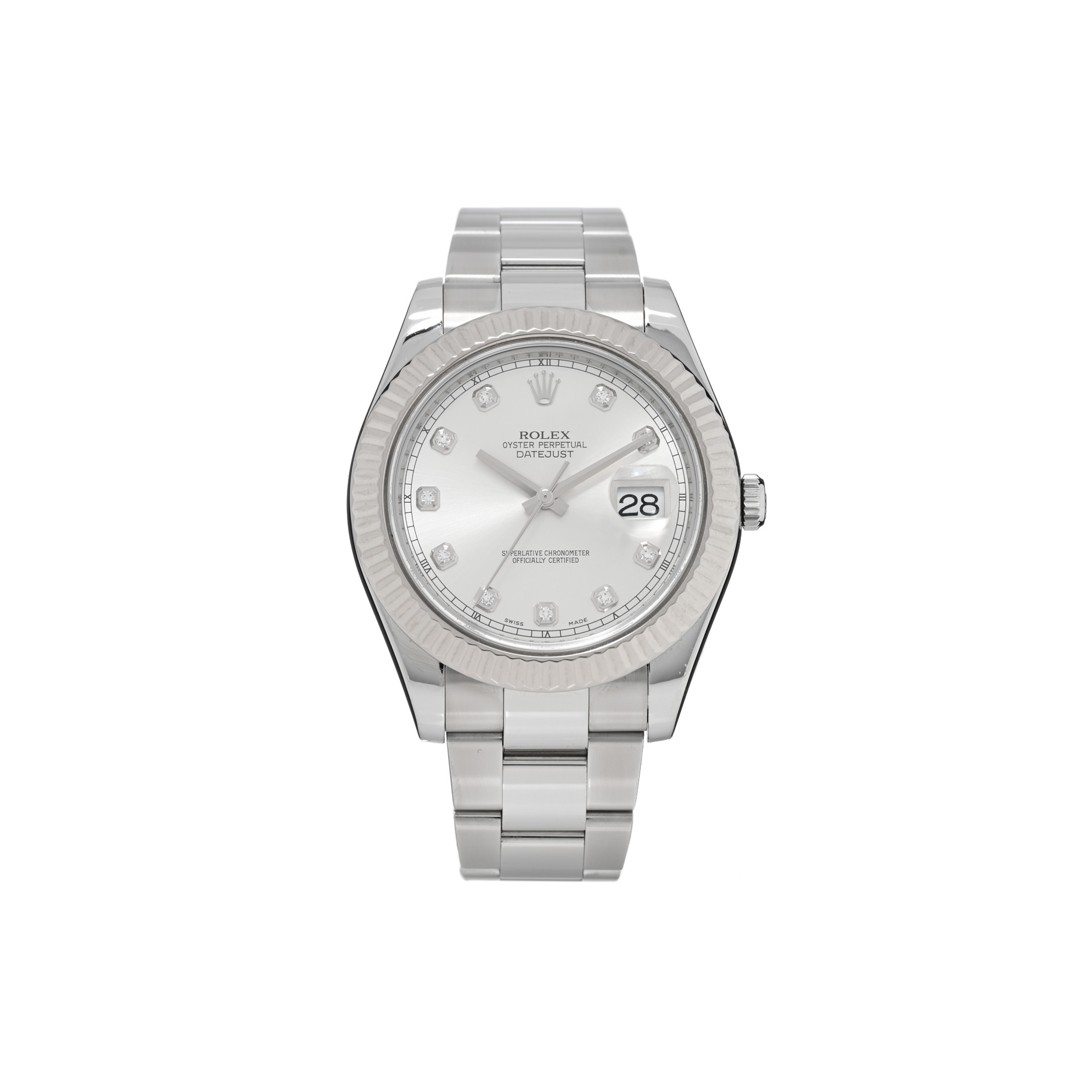 ROLEX STAINLESS STEEL 18K WHITE GOLD DIAMOND 41MM OYSTER PERPETUAL DATEJUST WATCH SILVER 116334