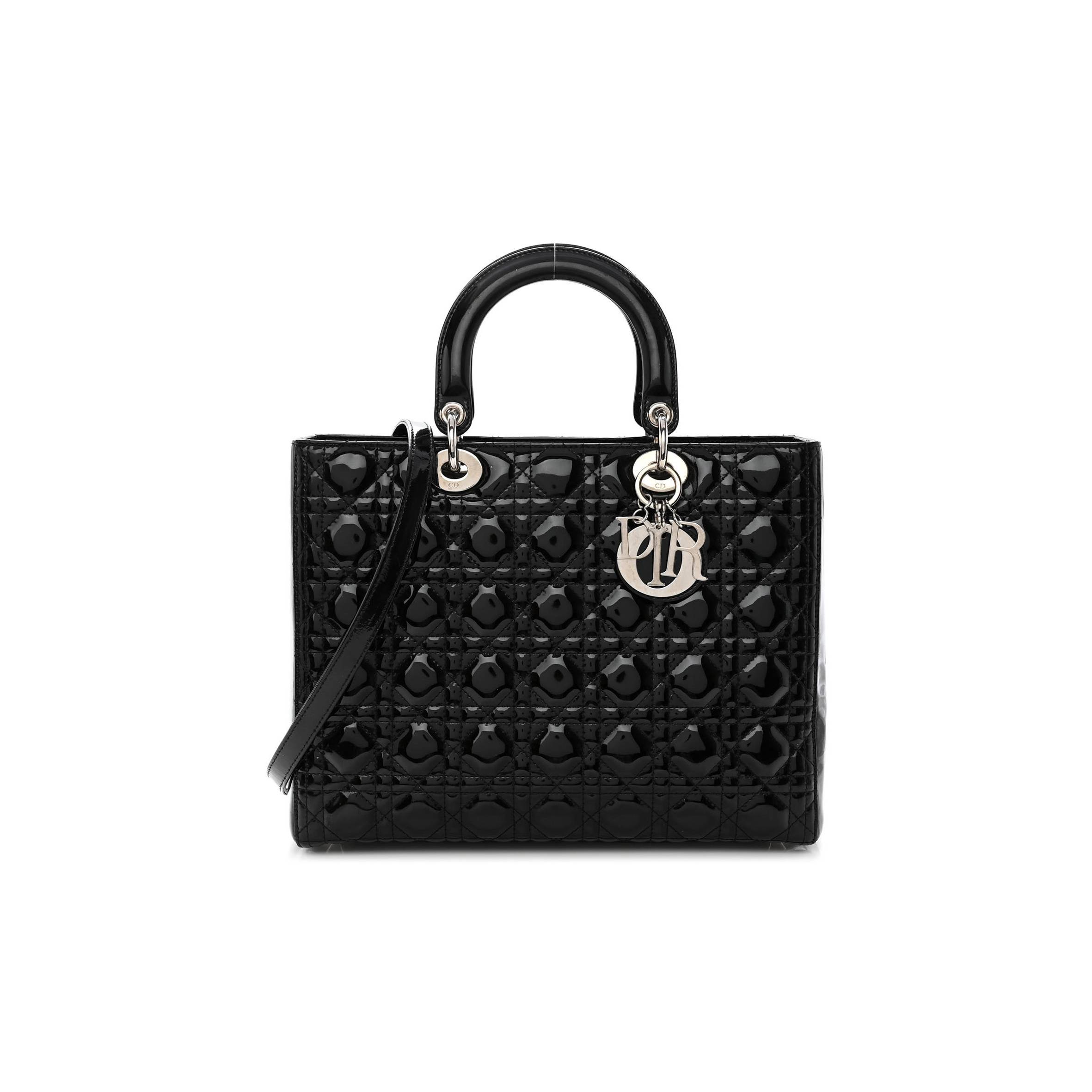 DIOR PATENT CANNAGE LARGE LADY DIOR BLACK (32*25*12.1cm)